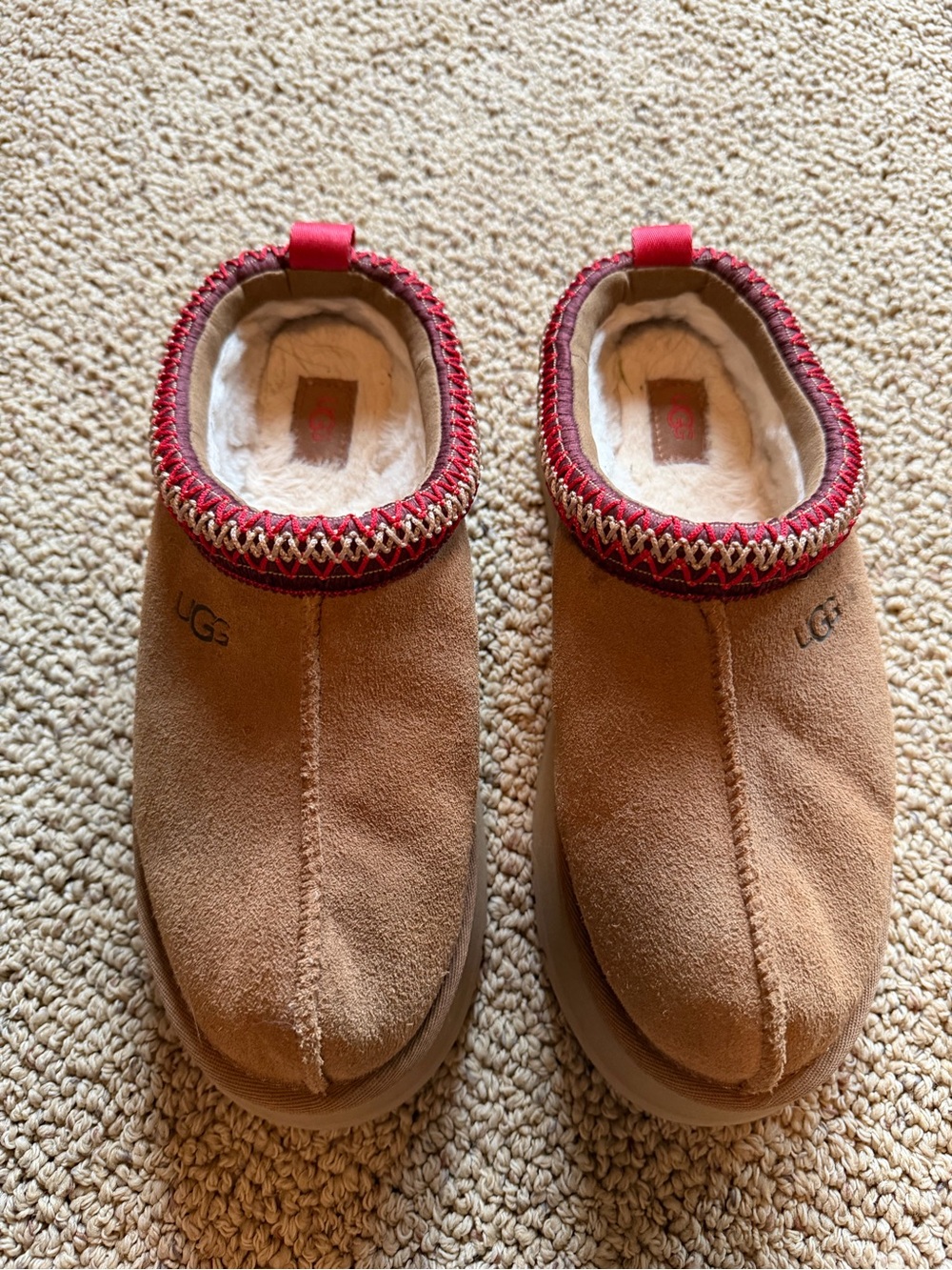 UGG Chestnut Suede Slippers with Red Trim